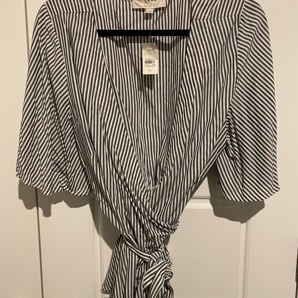 LOFT Black and White Striped Wrap Top